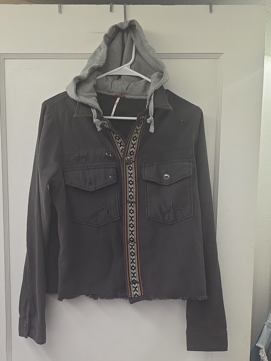 Free People Jackets & Blazers - Free People Dark Charcoal Distressed Utility Jacket with Hood Size Small